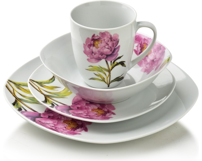 Porcelánová jídelní sada s hrníčkem LEA Peony 16 ks bílá/růžová