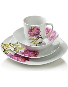Porcelánová jídelní sada s hrníčkem LEA Peony 16 ks bílá/růžová