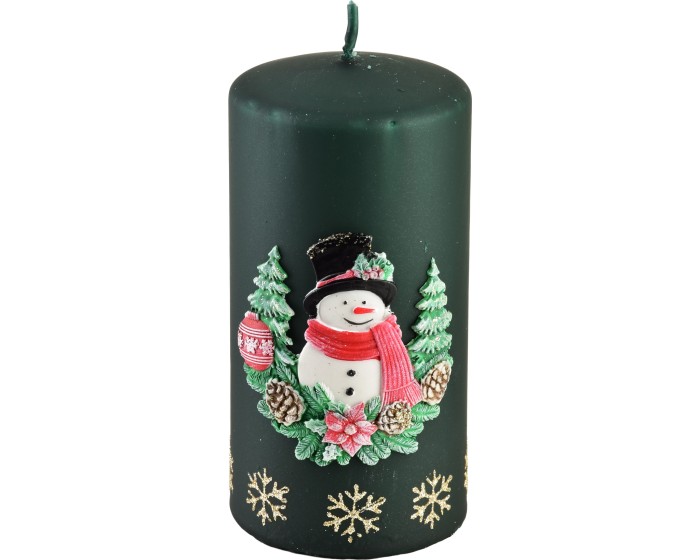 Vánoční svíčka Sněhulák 14 cm zelená