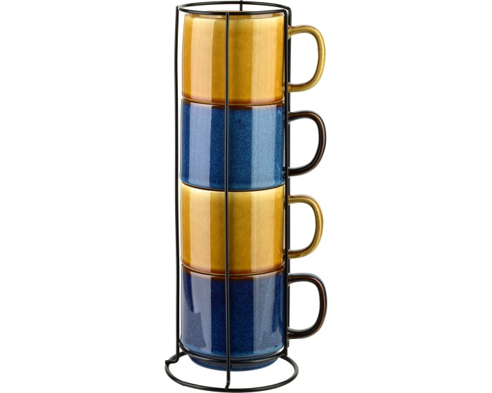 Sada 4 ks porcelánových hrnků EVIE 400 ml zlatá/modrá