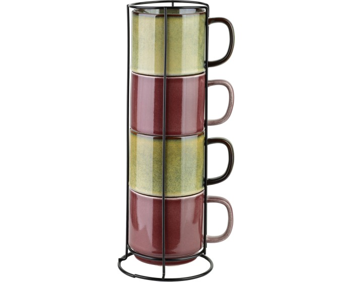 Sada 4 ks porcelánových hrnků EVIE 400 ml červená/zelená