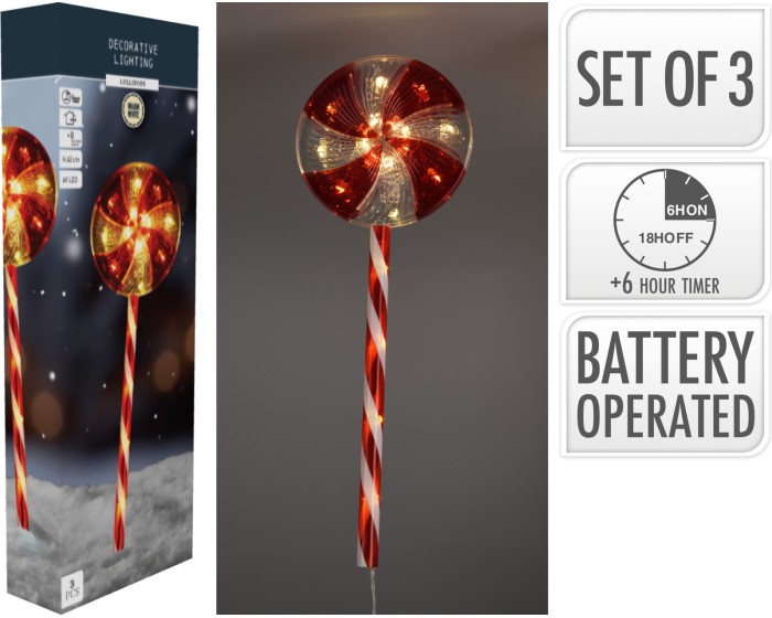 Sada 3 ks LED vánoční dekorace Lizak 62 cm červená/bílá