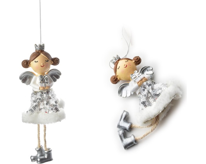 Vánoční závěsná figurka DÍVKA 18x7 cm bílá/stříbrná