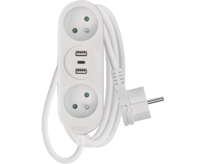 Prodlužovací kabel s 2 zásuvkami, 2 USB a USB-C Taylor 2 m bílý