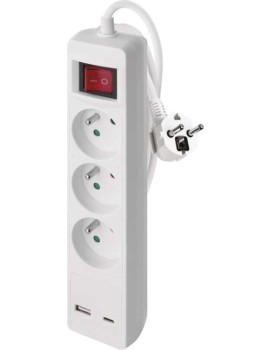 Prodlužovací kabel s vypínačem, 3 zásuvkami a USB porty 1,5 mm² CABRERA 2 m bílý