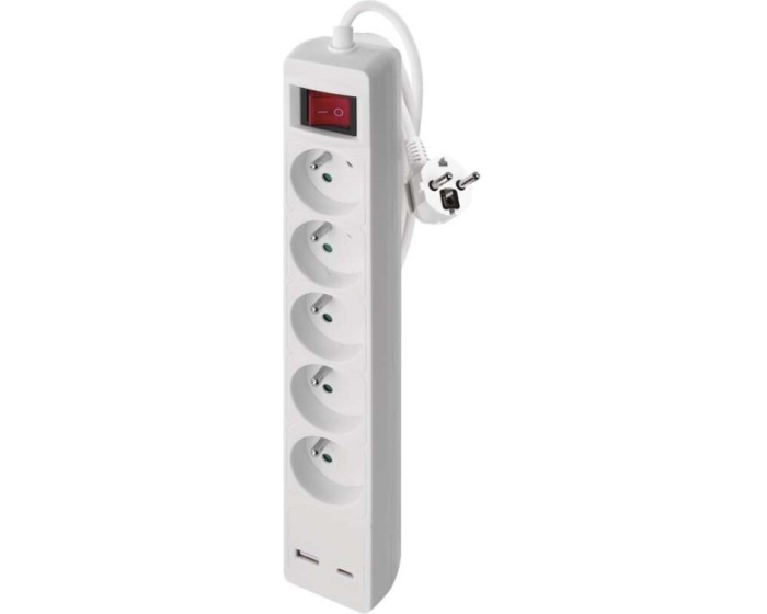 Prodlužovací kabel s vypínačem, 5 zásuvkami a USB porty 1,5 mm² CABRERA 3 m bílý