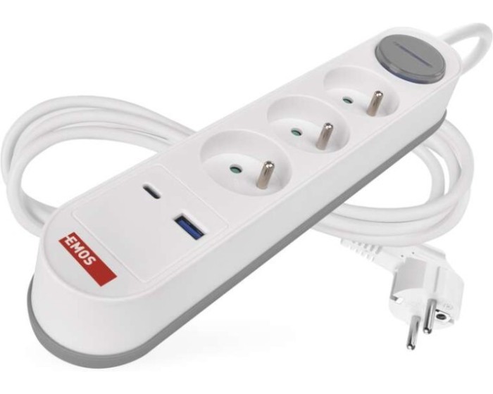 Prodlužovací kabel s vypínačem, 3 zásuvkami a USB 1,5 mm² WALKER 2 m bílý