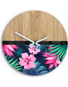 Dřevěné nástěnné hodiny Flower 33 cm dub přírodní/růžové