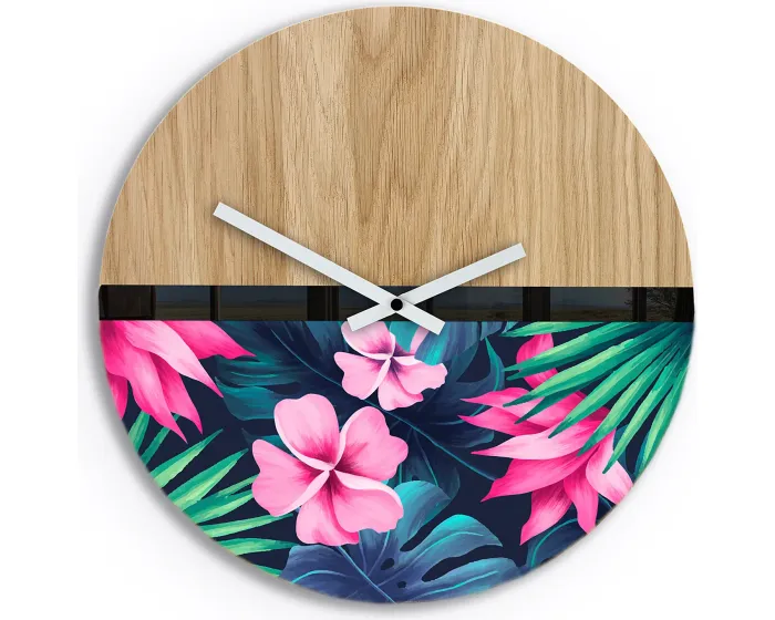 Dřevěné nástěnné hodiny Flower 33 cm dub přírodní/růžové