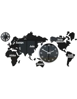 Nástěnné samolepící hodiny Mapa světa 110x55 cm černé