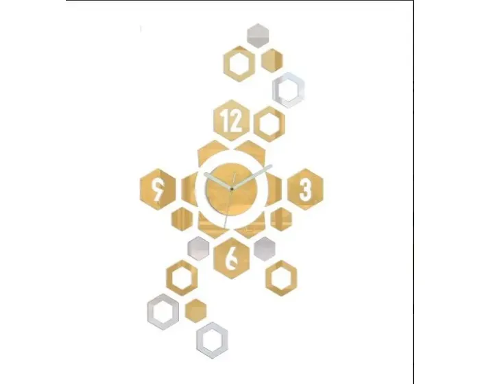 3D nalepovací hodiny Hexagon zlato-zrcadlové