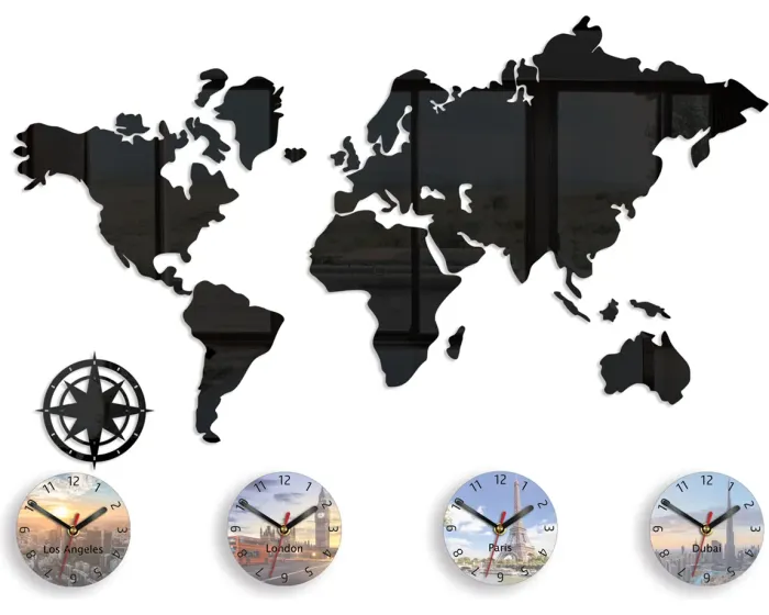 3D nalepovací hodiny World map černá