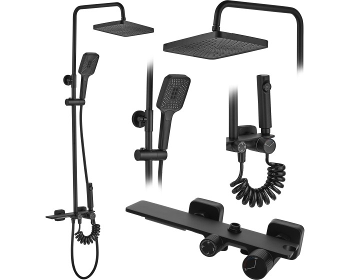 Sprchový set Rea Helix černý - vanová baterie, dešťová, ruční, bidetová sprcha