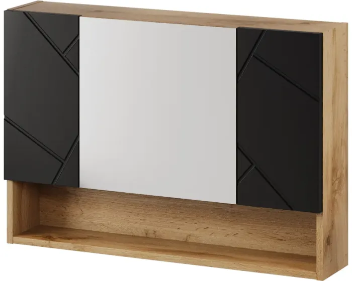 Závěsná koupelnová skříňka se zrcadlem Mazi 58 80 cm dub Wotan/černá