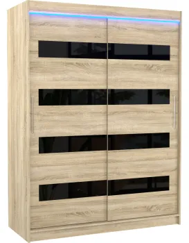 Šatní skříň s posuvnými dveřmi a LED osvětlením Martiz 150 cm černá/dub Sonoma