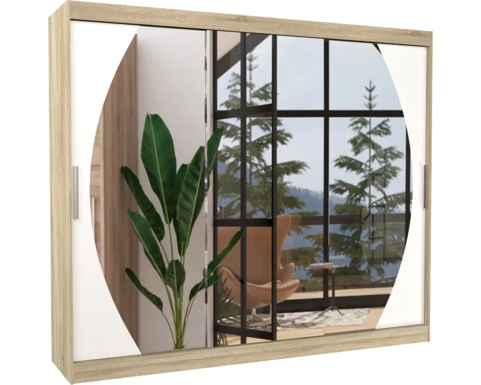 Šatní skříň s posuvnými dveřmi a zrcadlem Camb 250 cm dub Sonoma/bílá