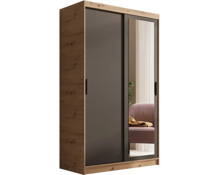 Šatní skříň s posuvnými dveřmi a zrcadlem Haley 120 cm dub Artisan/černá