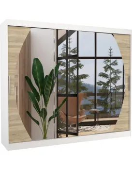 Šatní skříň s posuvnými dveřmi a zrcadlem Camb 250 cm bílá/dub Sonoma