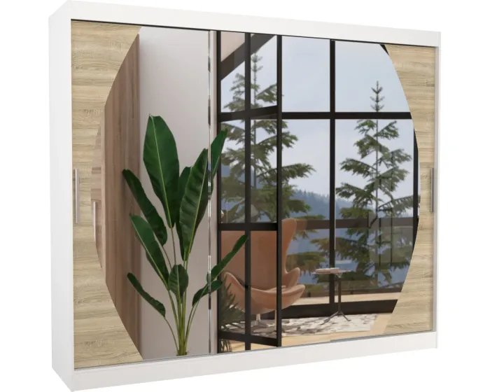 Šatní skříň s posuvnými dveřmi a zrcadlem Camb 250 cm bílá/dub Sonoma