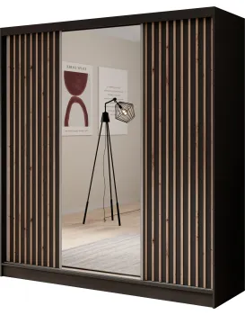 Šatní skříň s posuvnými dveřmi a zrcadlem Idana 200 cm černá/hnědá