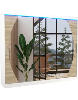 Šatní skříň s posuvnými dveřmi, zrcadlem a LED osvětlením Camb 250 cm bílá/dub Sonoma