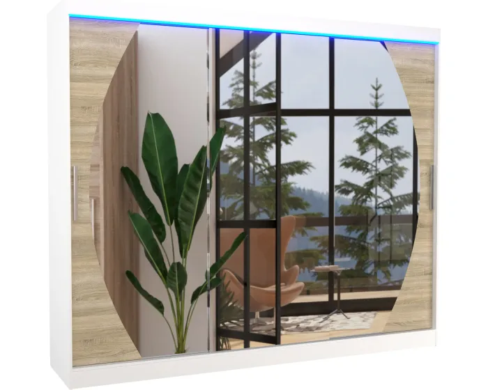 Šatní skříň s posuvnými dveřmi, zrcadlem a LED osvětlením Camb 250 cm bílá/dub Sonoma