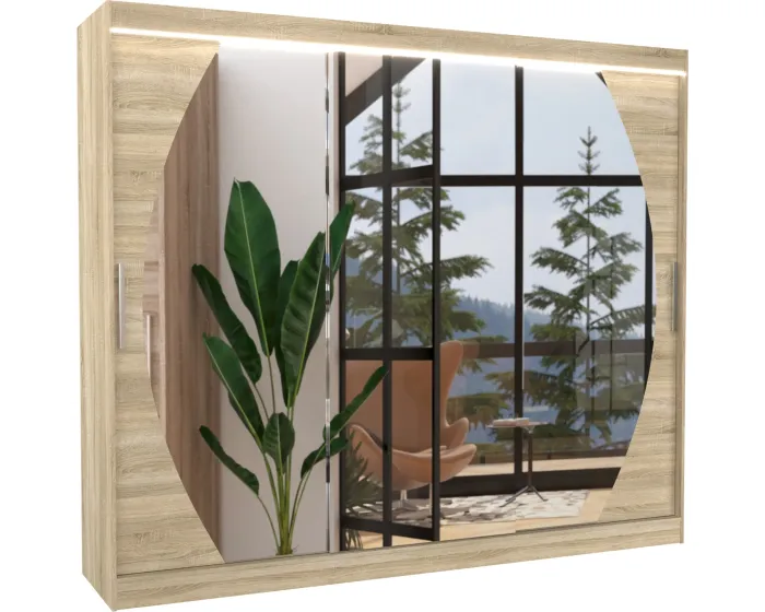 Šatní skříň s posuvnými dveřmi, zrcadlem a LED osvětlením Camb 250 cm dub Sonoma