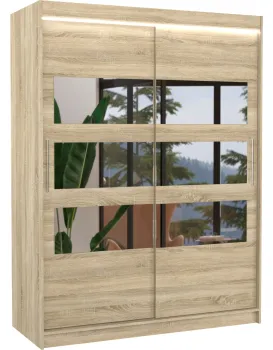 Šatní skříň s posuvnými dveřmi, zrcadlem a LED osvětlením Florenta 150 cm dub Sonoma