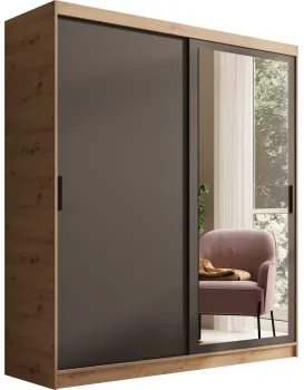 Šatní skříň s posuvnými dveřmi a zrcadlem Haley 180 cm dub Artisan/černá
