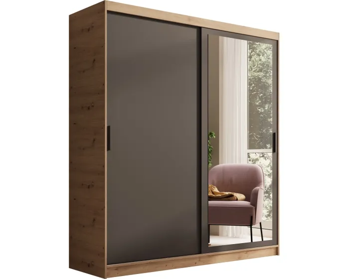 Šatní skříň s posuvnými dveřmi a zrcadlem Haley 180 cm dub Artisan/černá