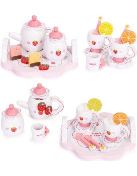 Dřevěný čajový servis pro děti STRAWBERRY bílý/růžový
