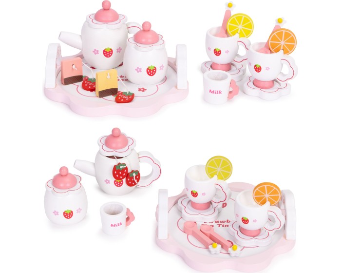 Dřevěný čajový servis pro děti STRAWBERRY bílý/růžový
