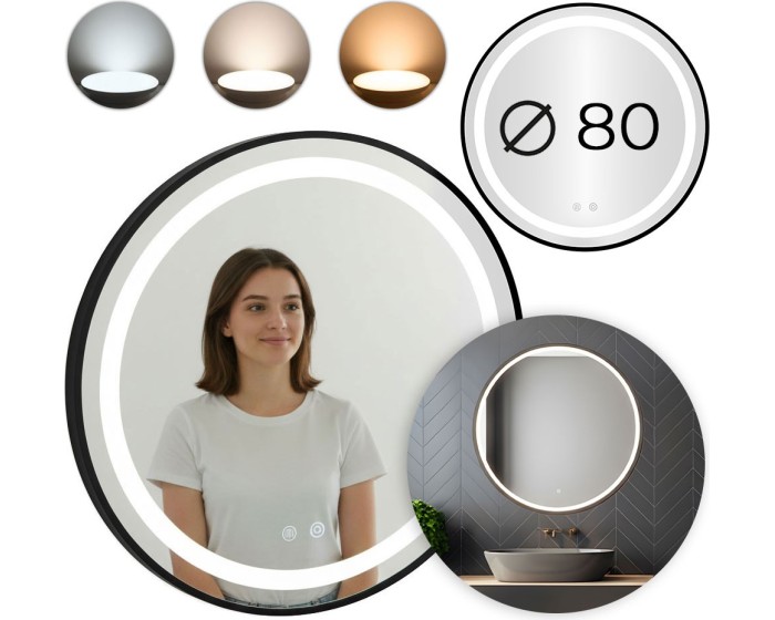 Kulaté LED zrcadlo SISI 80 cm s 3 teplotami světla černé