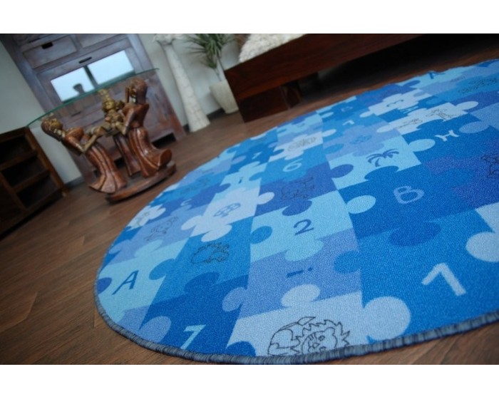 Dětský kulatý koberec PUZZLE modrý