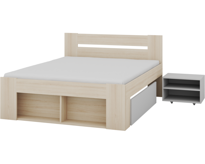 Dvoulůžková postel Ryga 09 160x200 s nočními stolky a zásuvkami dub Riva/šedá