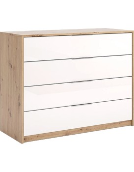 Komoda Raymond 4 zásuvky lesklá bílá/dub Artisan