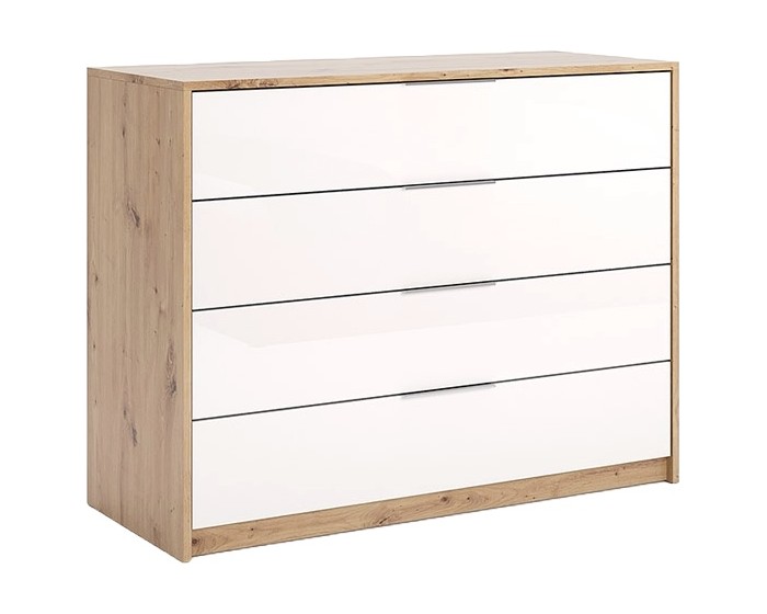 Komoda Raymond 4 zásuvky lesklá bílá/dub Artisan